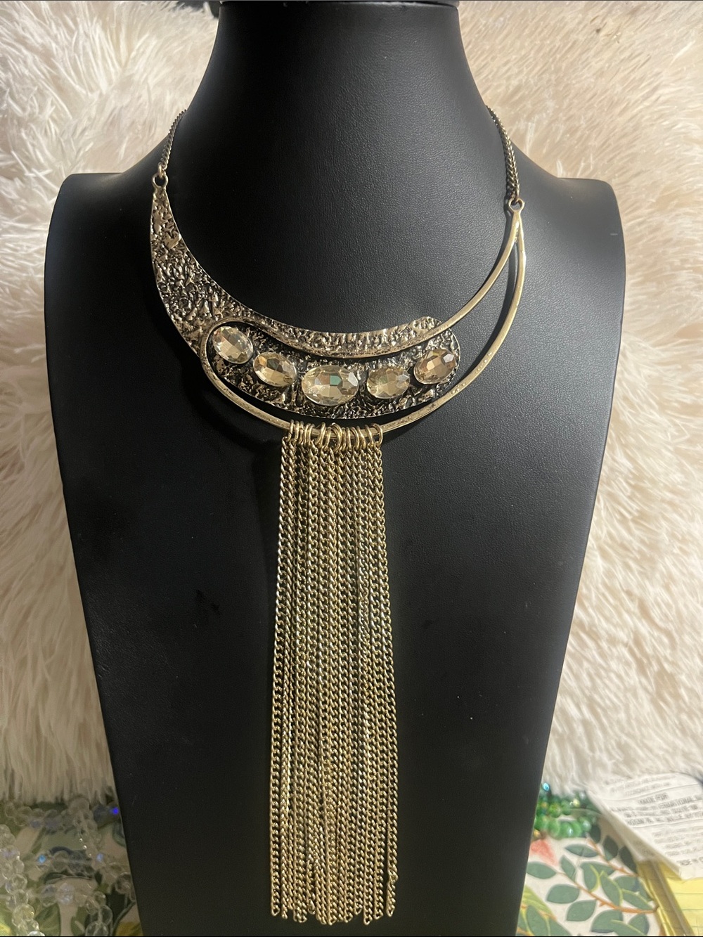 Gold Statement Fringe Necklace with Crystal Accents